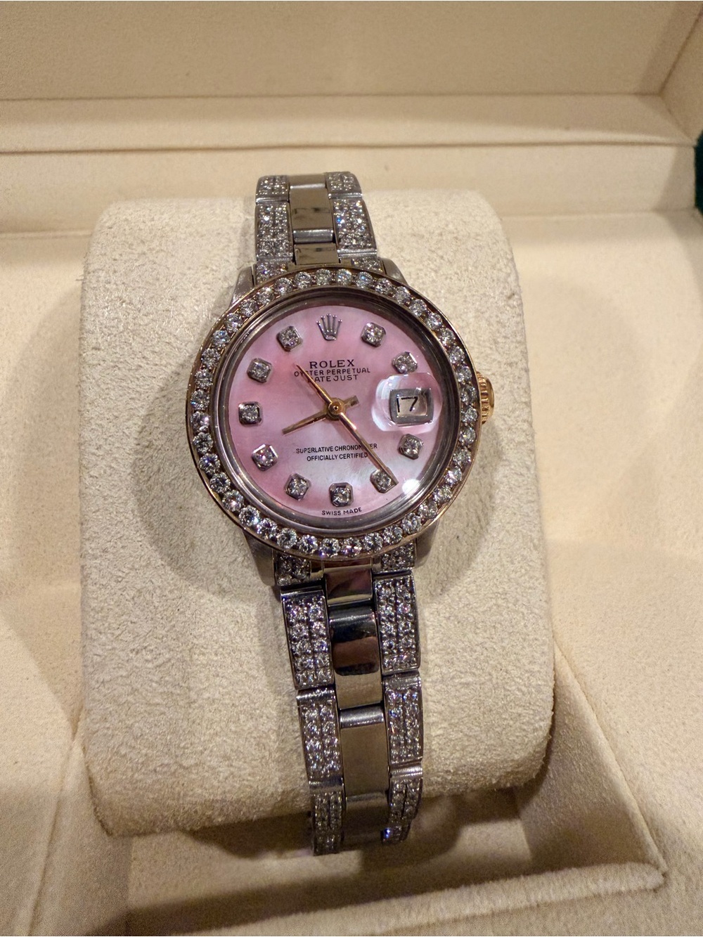 Rolex Women's Silver Bracelet Watch with Pink Diamond Dial